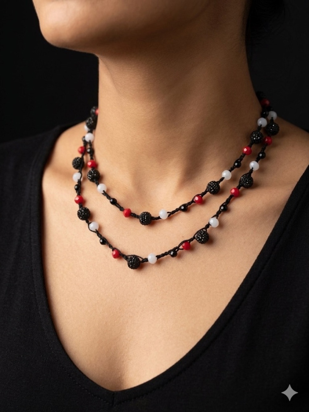 Black Beaded Crochet Necklace | Red, White & Crystal Glass Beads  Adjustable 14”